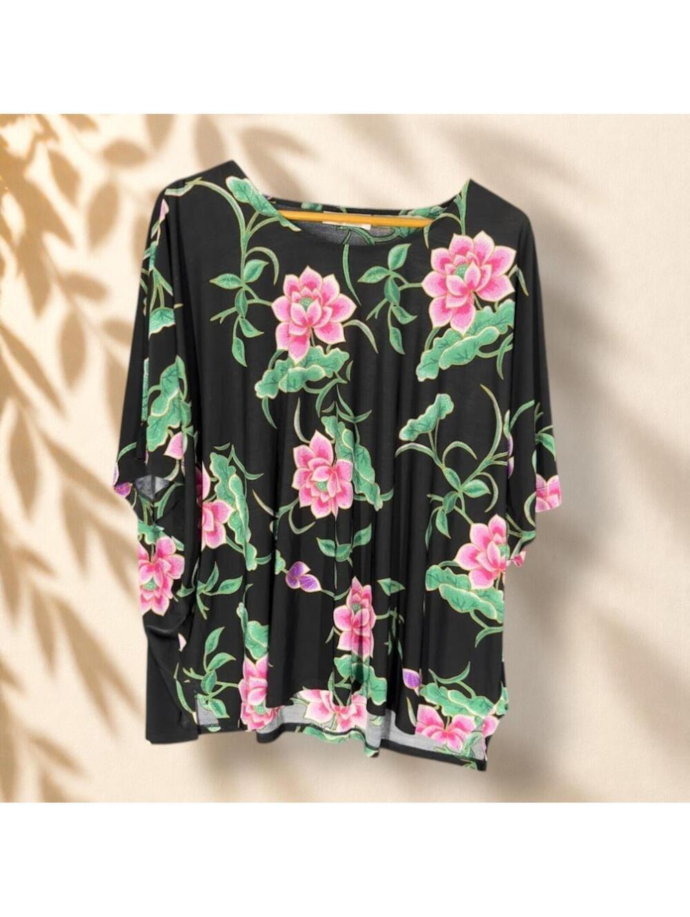 Natori T-Shirt Women XL Black Floral Short Sleeve Round Neck Pullover Casual